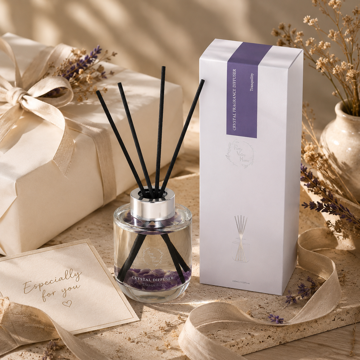 Pretty Valley Home Crystal Reed Diffuser - Tranquility Amethyst Stones