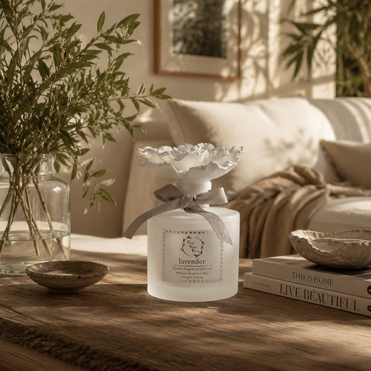 Pretty Valley Home Lavender White Ceramic Flower Diffuser Gift Set – 200ml Handcrafted Home Fragrance for Relaxation & Gifting