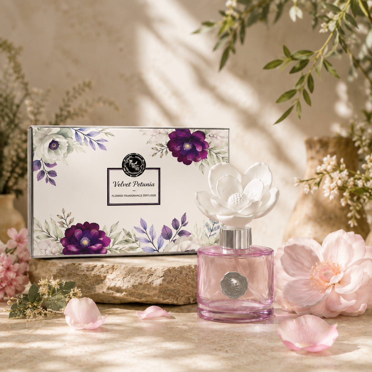 Pretty Valley Home Ceramic Flower Fragrance Diffuser Set - Velvet Petunia