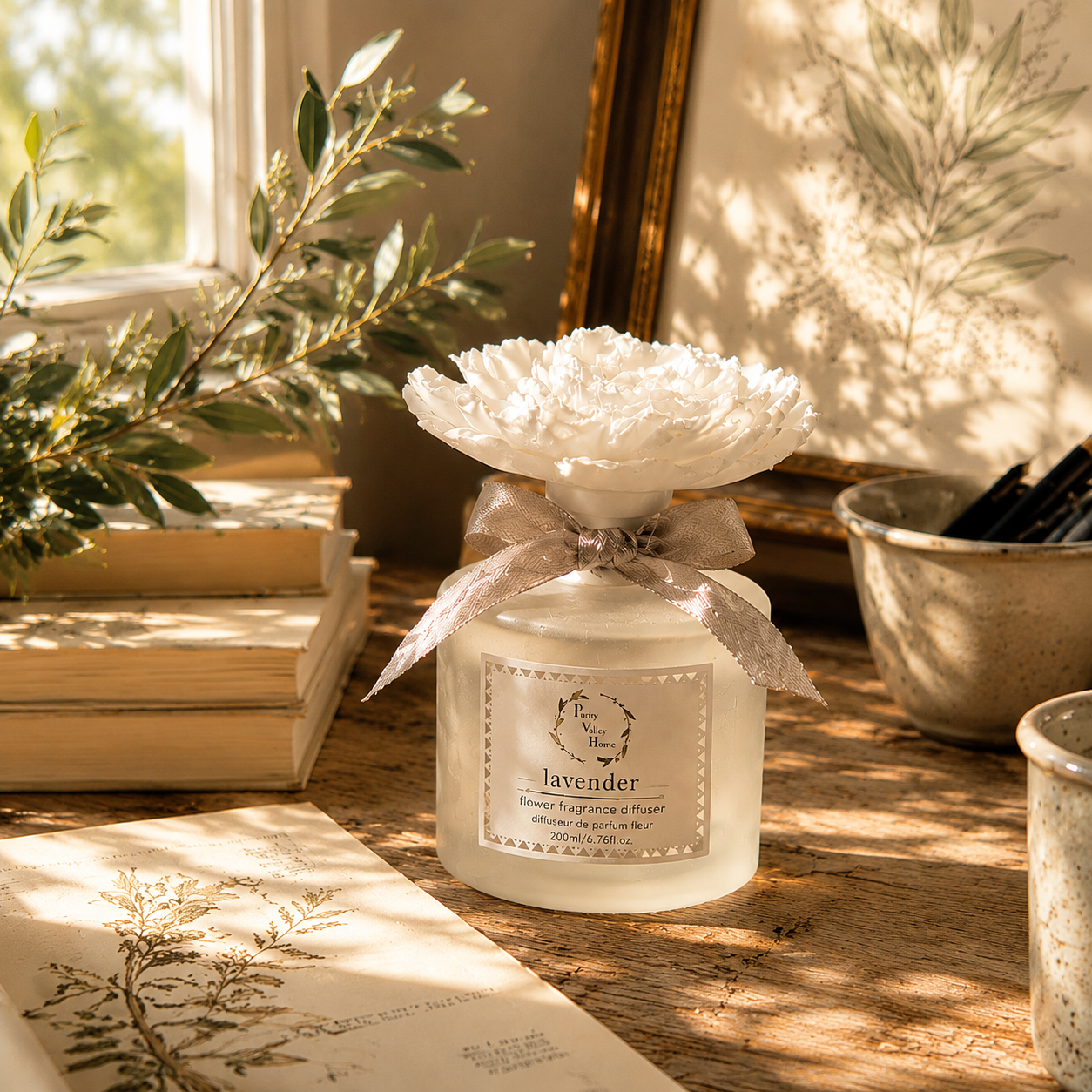 Pretty Valley Home Lavender White Ceramic Flower Diffuser Gift Set – 200ml Handcrafted Home Fragrance for Relaxation & Gifting