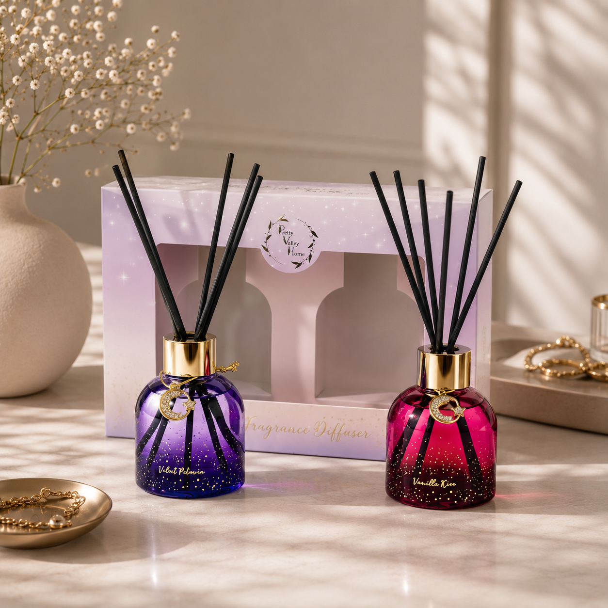 Pretty Valley Home Reed Fragrance Diffuser Set Velvet Petunia Vanilla Kiss Combo