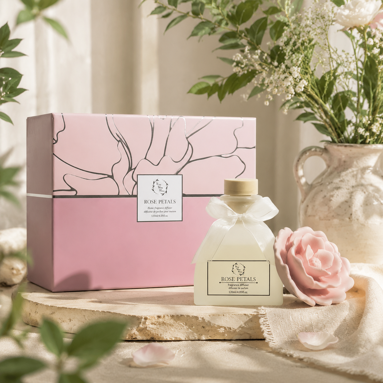 Pretty Valley Home Gardenia & Rose Ceramic Flower Reed Diffuser Gift Set – 200ml Handmade Floral Home Fragrance, Elegant Home Décor & Perfect Gift for Her