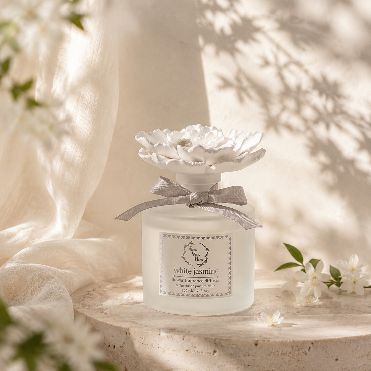 Pretty Valley Home White Marigold Ceramic Flower Diffuser Gift Set –White Jasmine Scent,  200ml Handcrafted Home Fragrance with Elegant White Porcelain Bloom