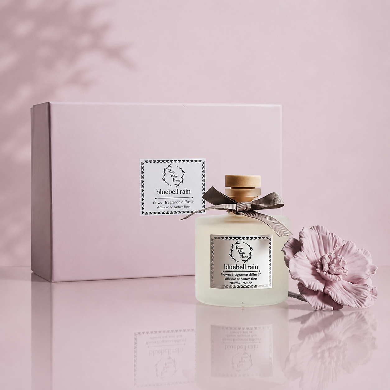 Pretty Valley Home Pink Ceramic Flower Diffuser Gift Set – Bluebell Rain Scent, 200ml Handmade Reed Diffuser for Home Décor & Perfect Gift