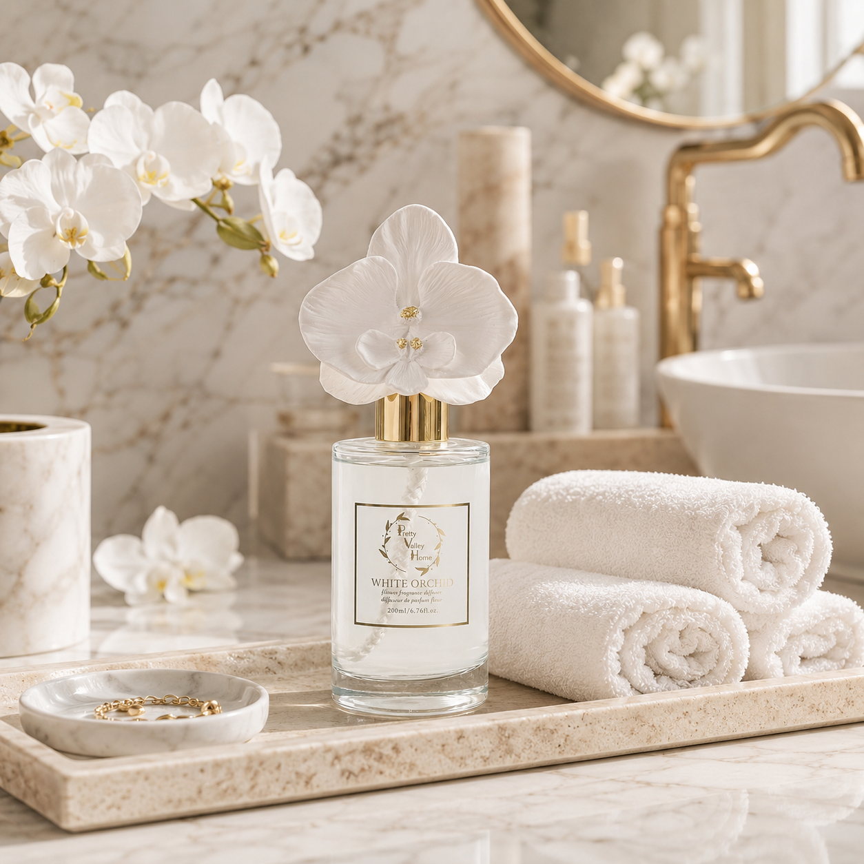 Pretty Valley Home White Orchid Ceramic Flower Reed Diffuser Gift Set – 200ml Handmade Home Fragrance, Elegant Ceramic Art & Perfect Gift for Her