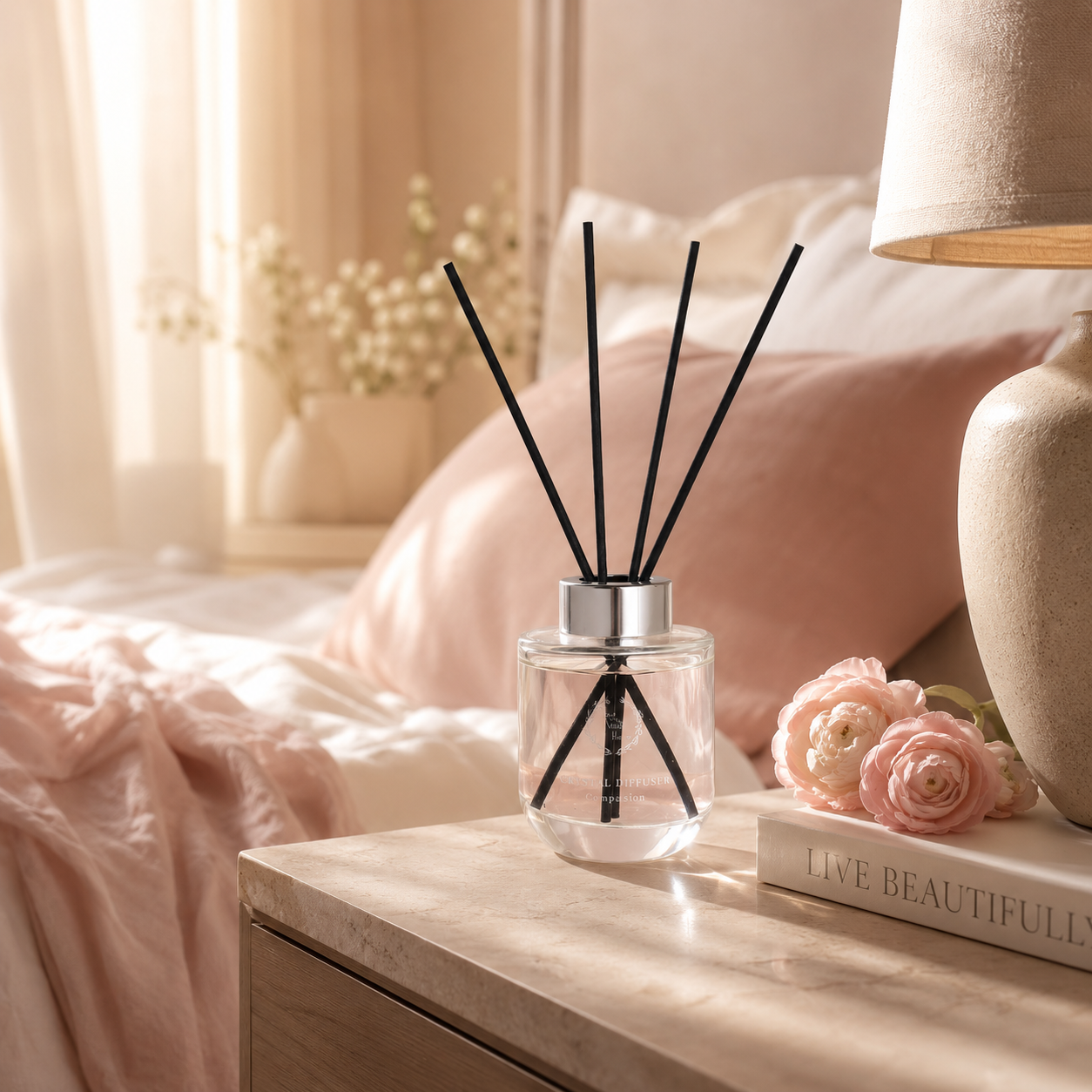 Pretty Valley Home Crystal Reed Diffuser with Rose Quartz – Compassion & Self-Love Home Fragrance, 100ml