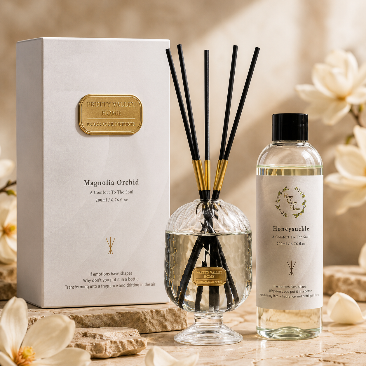 Crystal Glass Reed Diffuser Sets 200ml / 6.76 Fl Oz - Home & Gifts for Office Bathroom Room Decor