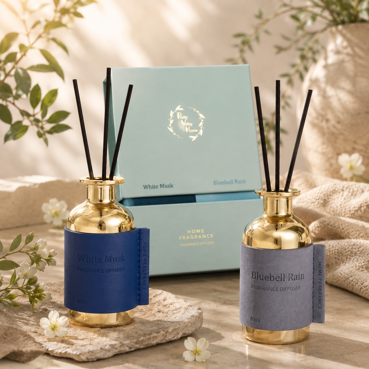 Pretty Valley Home Air Fragrance Reed Diffuser Set White Musk Bluebell Rain Combo