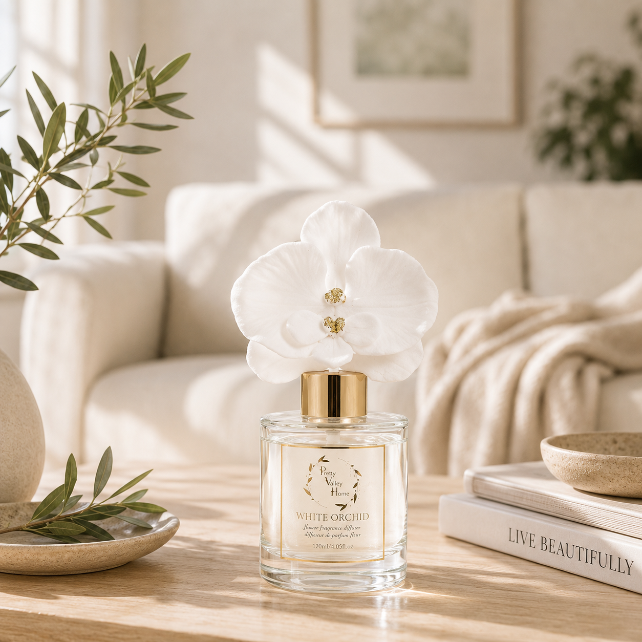Pretty Valley Home Ceramic Orchid Flower Fragrance Diffuser Set White Orchid