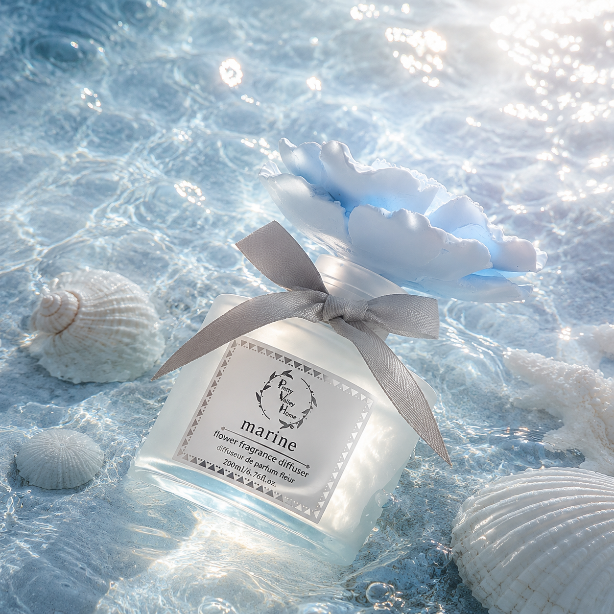 Pretty Valley Home Blue Ceramic Flower Diffuser Gift Set – Marine Scent, 200ml Handmade Home Fragrance & Ocean-Inspired Gift for Her