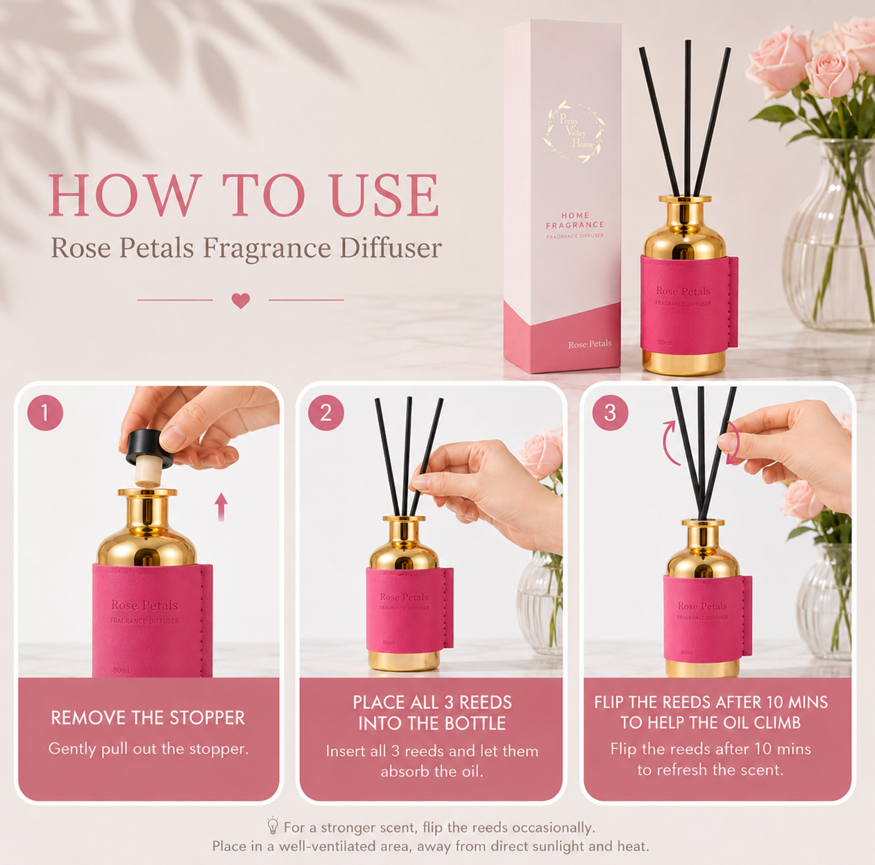 Pretty Valley Home Gold Faux Leather Reed Diffuser 80ml – Luxury Home Fragrance Gift Set
