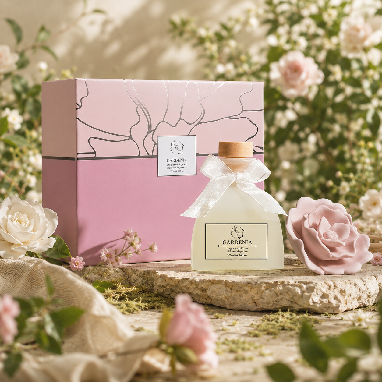 Pretty Valley Home Gardenia & Rose Ceramic Flower Reed Diffuser Gift Set – 200ml Handmade Floral Home Fragrance, Elegant Home Décor & Perfect Gift for Her