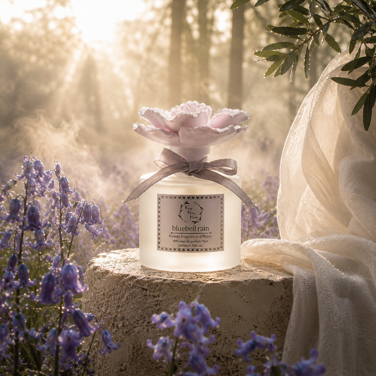 Pretty Valley Home Pink Ceramic Flower Diffuser Gift Set – Bluebell Rain Scent, 200ml Handmade Reed Diffuser for Home Décor & Perfect Gift