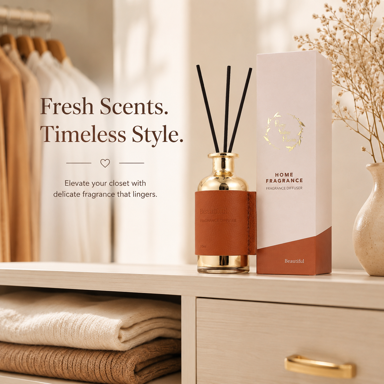 Pretty Valley Home Special Gold Leather Reed Diffuser - 80ml