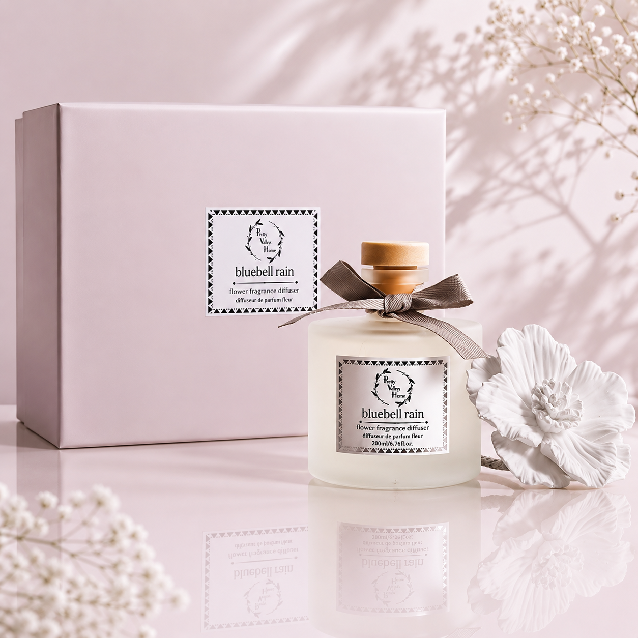 retty Valley Home White Ceramic Flower Diffuser Gift Set – Blue Rain Scent, 200ml Handmade Reed Diffuser & Elegant Home Gift for Her