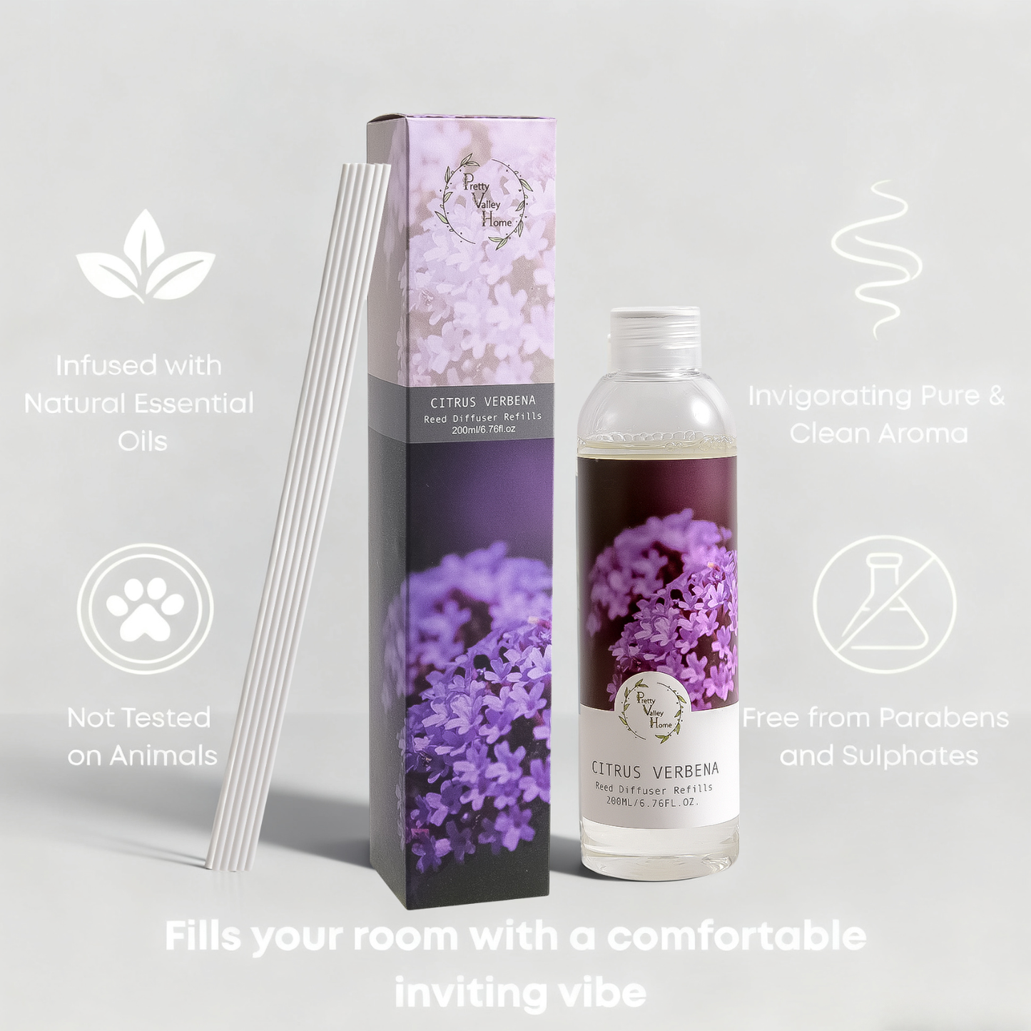 Pretty Valley Home Fragrances Diffuser Refills Citrus Verbena Scent 200ml(Includes a Free Set of Reed Sticks! )