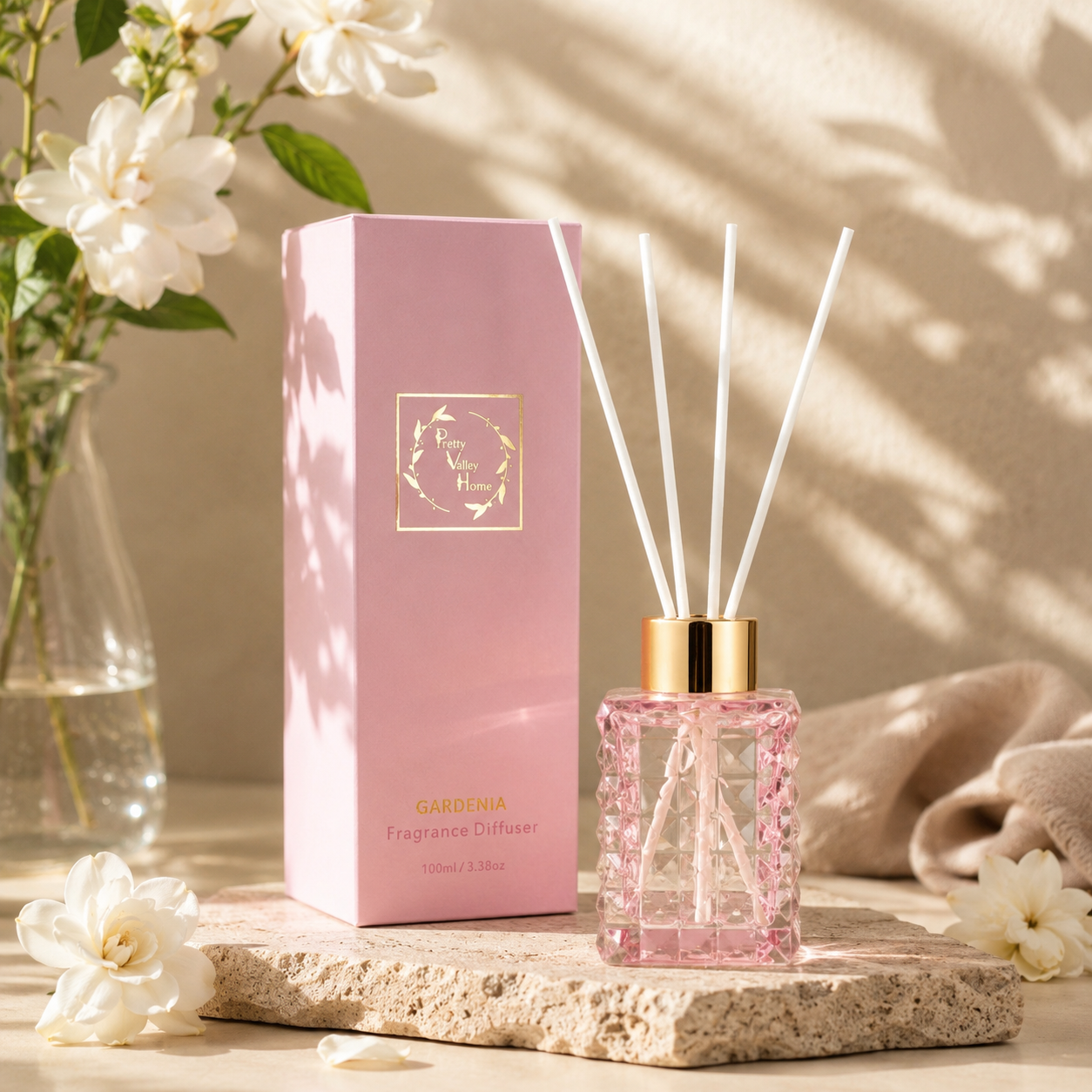 Pretty Valley Home Elegant Cut Glass Pink Reed Diffuser Gardenia 100ml