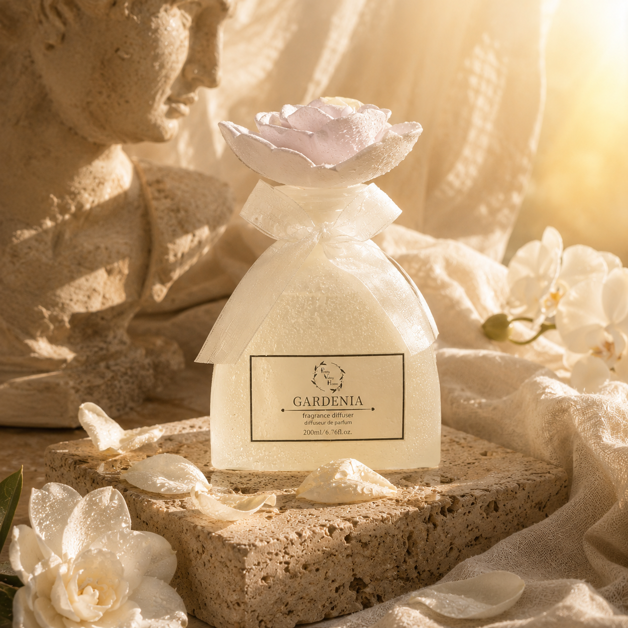Pretty Valley Home Gardenia & Rose Ceramic Flower Reed Diffuser Gift Set – 200ml Handmade Floral Home Fragrance, Elegant Home Décor & Perfect Gift for Her