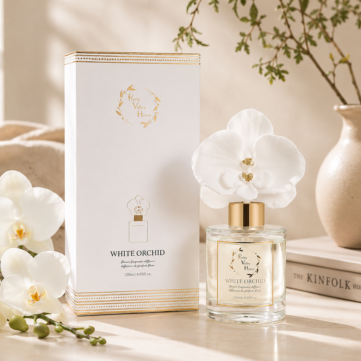 Pretty Valley Home Ceramic Orchid Flower Fragrance Diffuser Set White Orchid