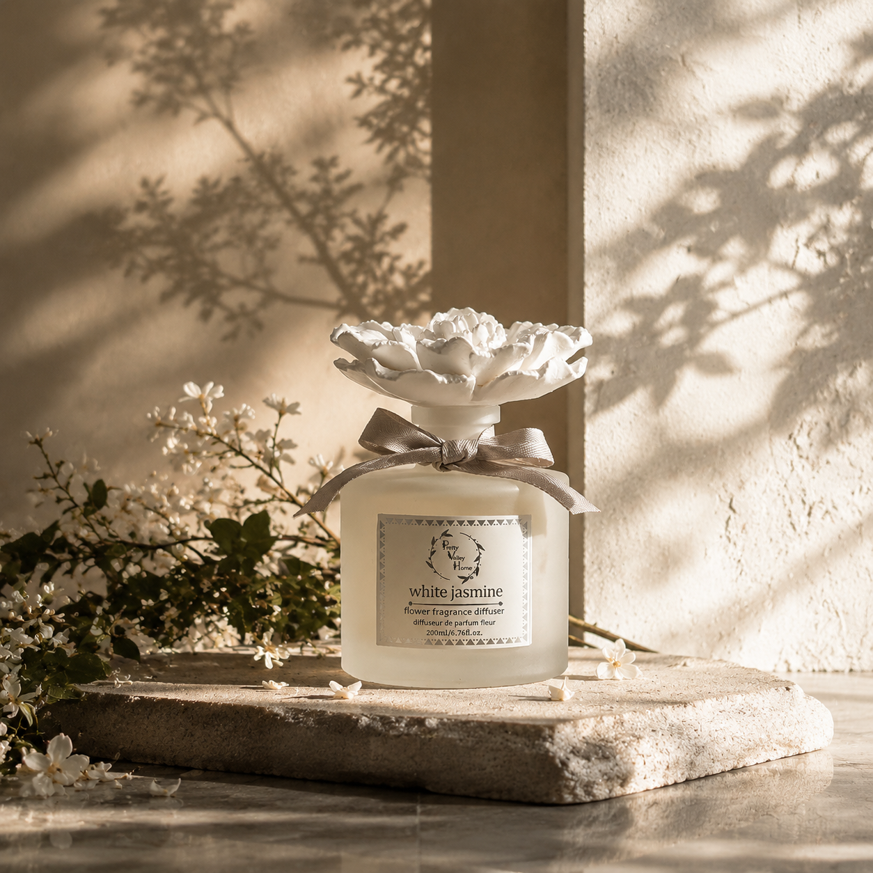 Pretty Valley Home White Marigold Ceramic Flower Diffuser Gift Set –White Jasmine Scent,  200ml Handcrafted Home Fragrance with Elegant White Porcelain Bloom