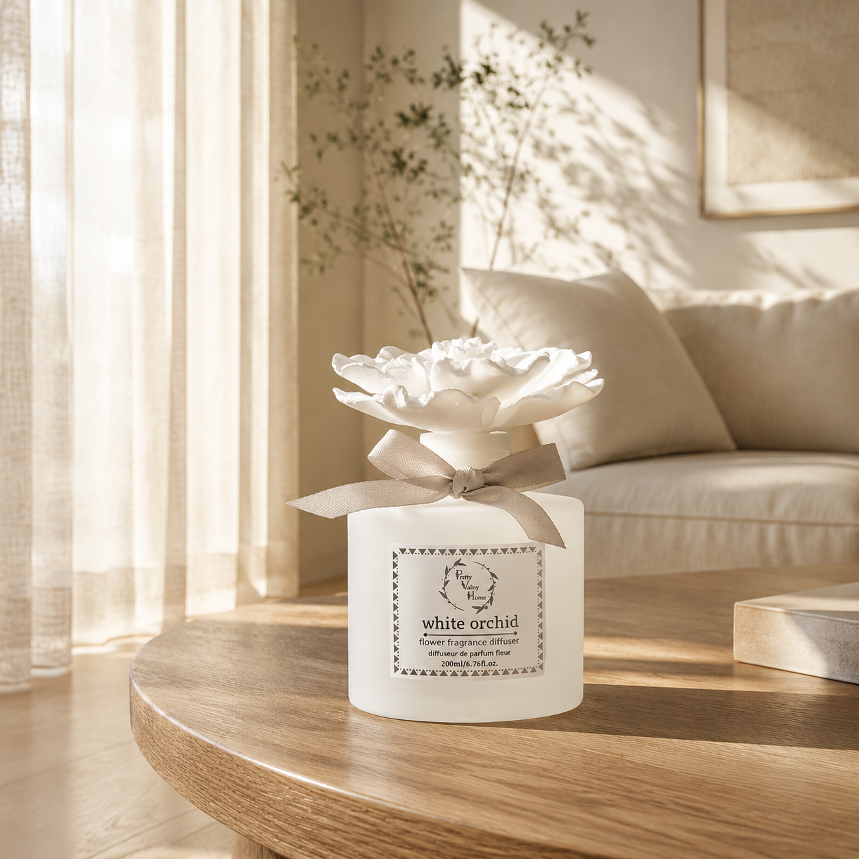 Pretty Valley Home White Ceramic Flower Diffuser Gift Set – White Orchid Scent, 200ml Handmade Home Fragrance & Luxury Gift for Her