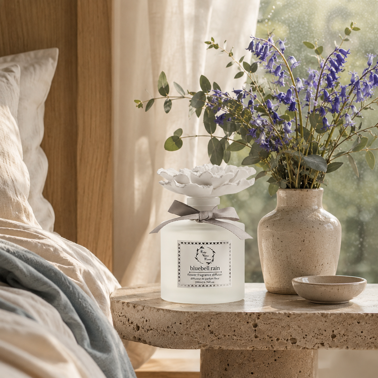 retty Valley Home White Ceramic Flower Diffuser Gift Set – Blue Rain Scent, 200ml Handmade Reed Diffuser & Elegant Home Gift for Her