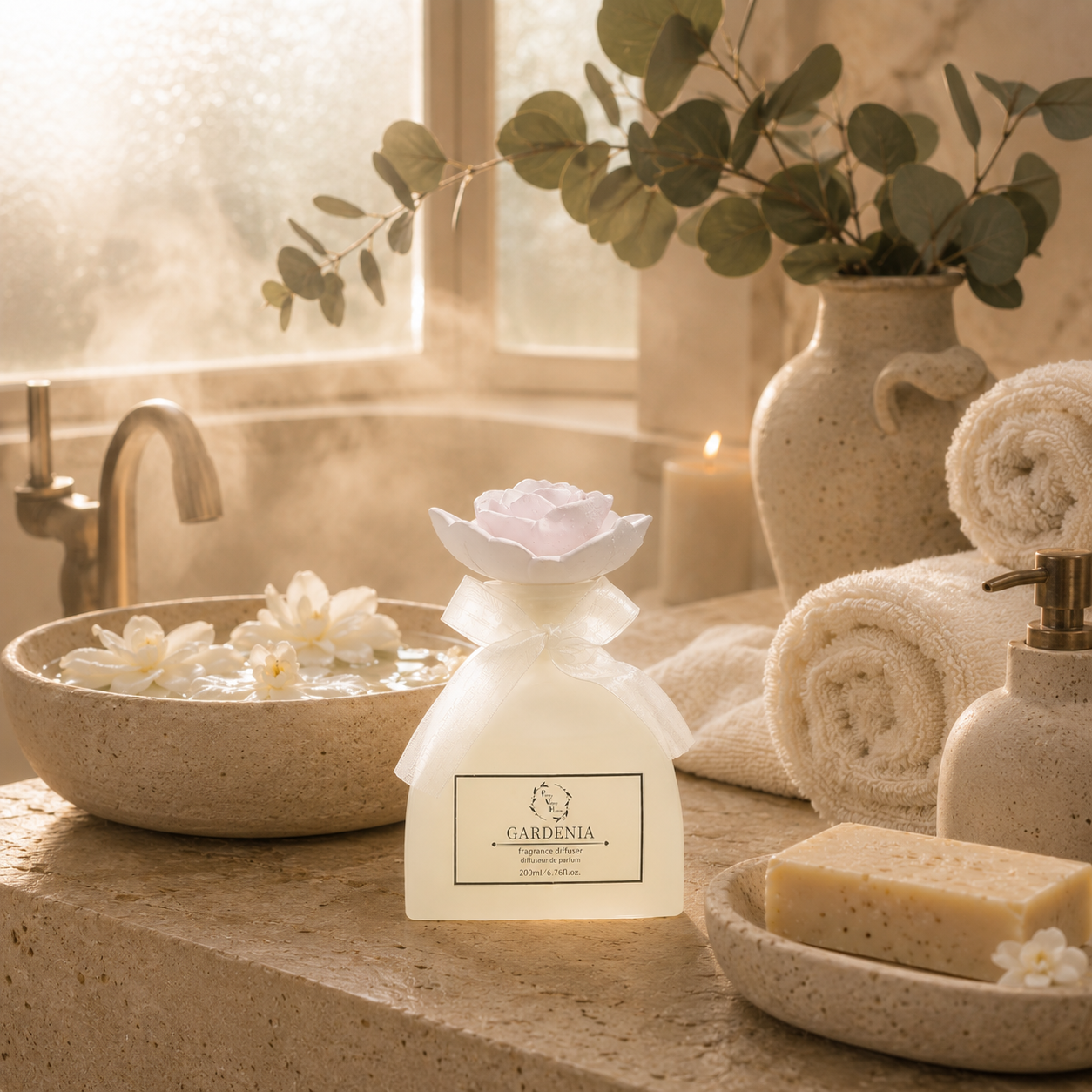 Pretty Valley Home Gardenia & Rose Ceramic Flower Reed Diffuser Gift Set – 200ml Handmade Floral Home Fragrance, Elegant Home Décor & Perfect Gift for Her