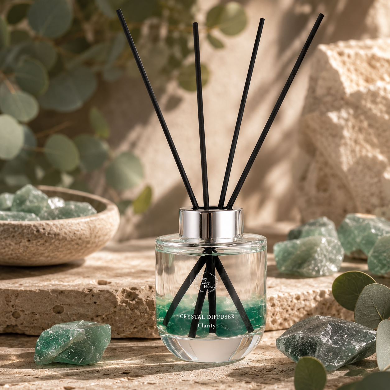 Pretty Valley Home Crystal Reed Diffuser - Clarity Green Fluorite