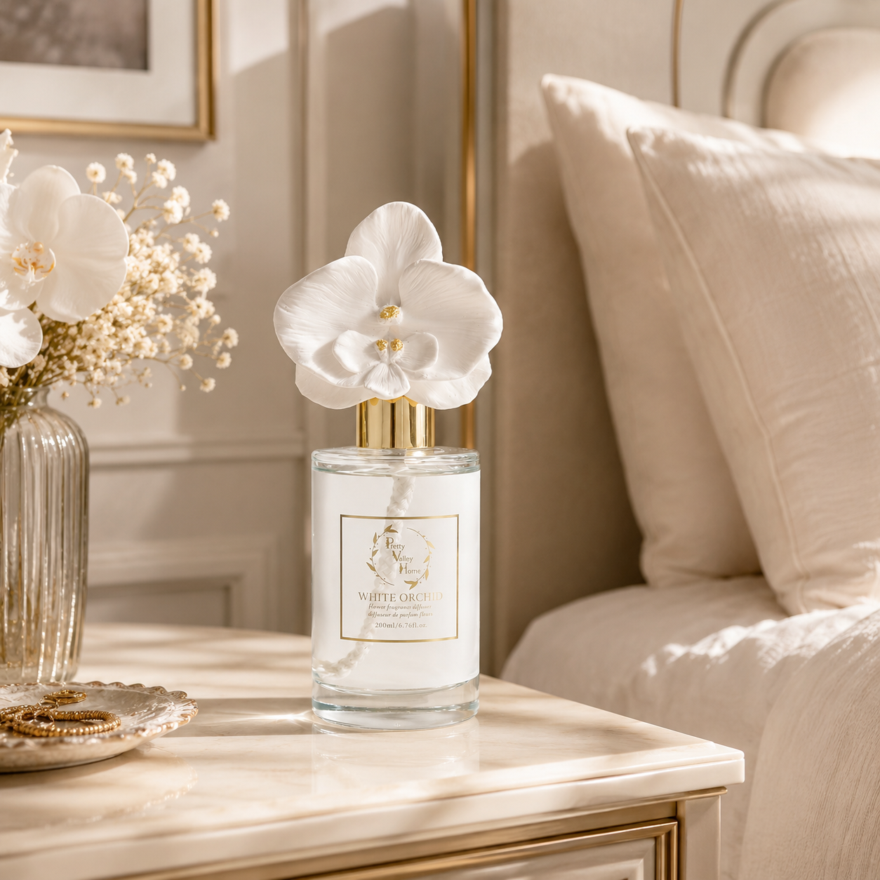 Pretty Valley Home White Orchid Ceramic Flower Reed Diffuser Gift Set – 200ml Handmade Home Fragrance, Elegant Ceramic Art & Perfect Gift for Her