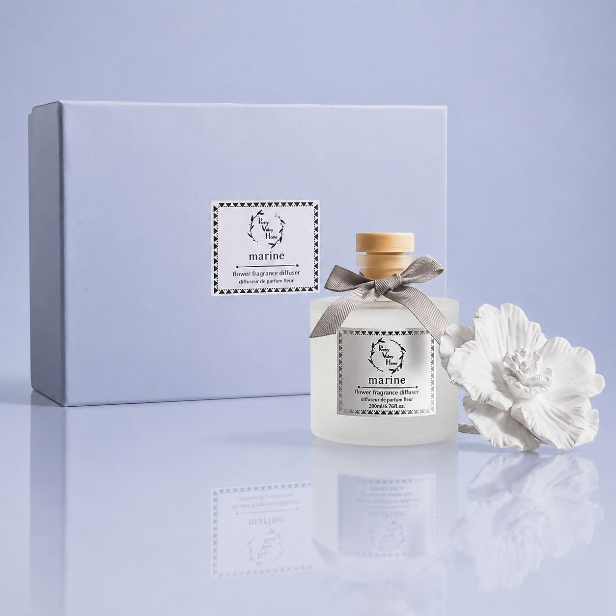 Pretty Valley Home Marine White Ceramic Flower Diffuser Gift Set – 200ml Ocean Breeze Handcrafted Porcelain Bloom for Elegant Home Fragrance