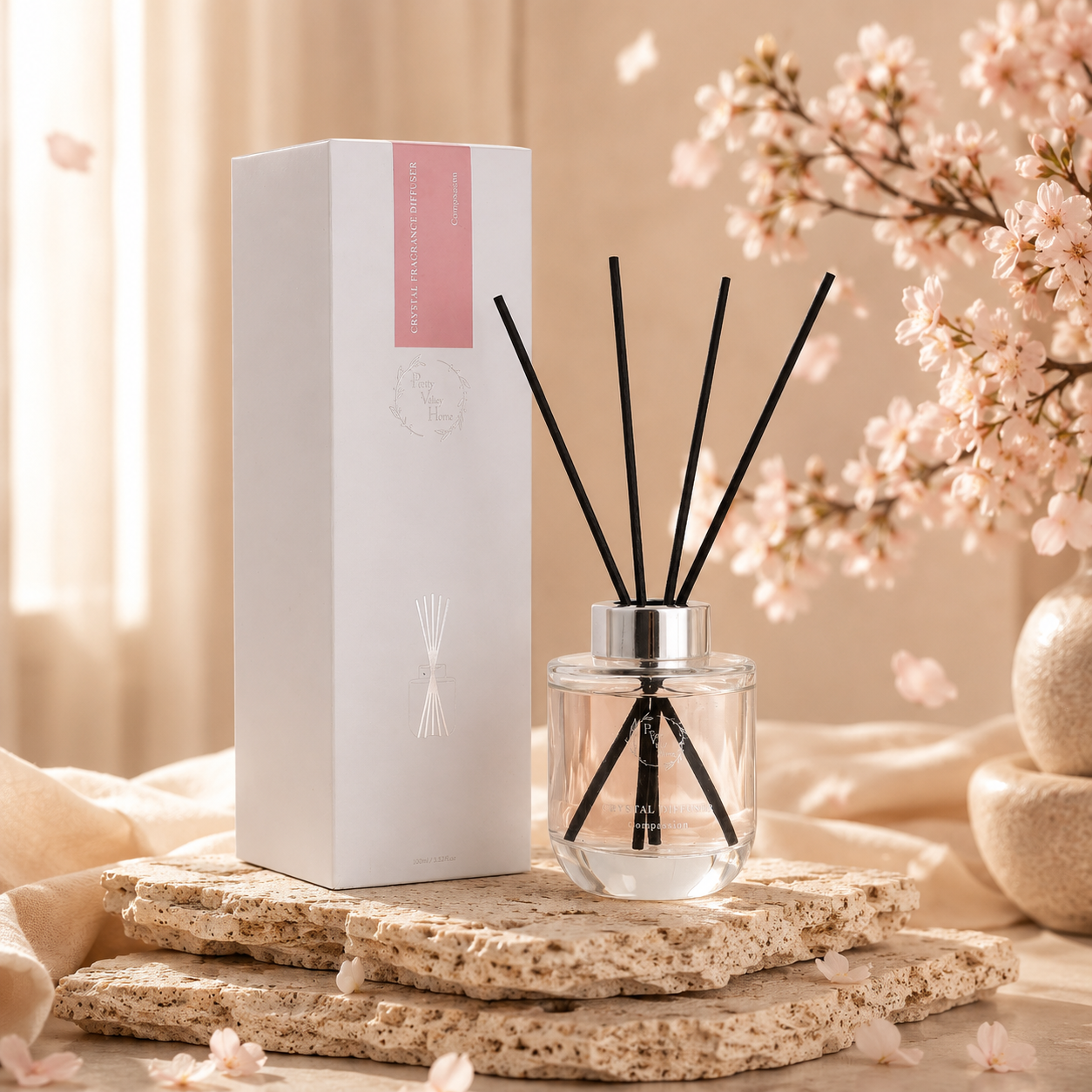 Pretty Valley Home Crystal Reed Diffuser with Rose Quartz – Compassion & Self-Love Home Fragrance, 100ml