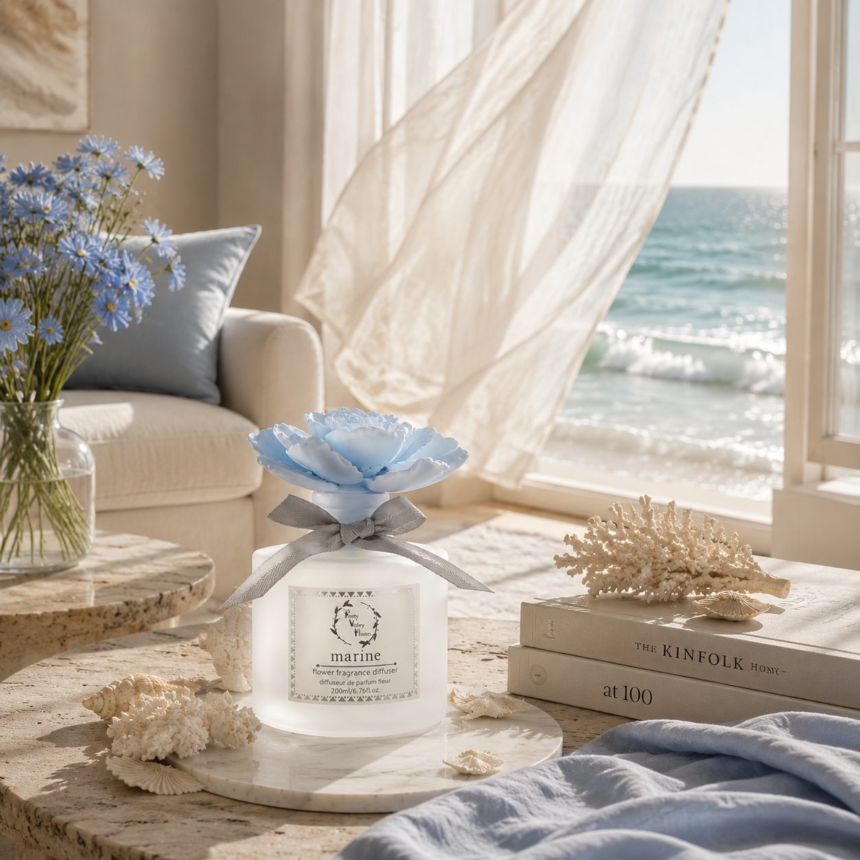Pretty Valley Home Blue Ceramic Flower Diffuser Gift Set – Marine Scent, 200ml Handmade Home Fragrance & Ocean-Inspired Gift for Her