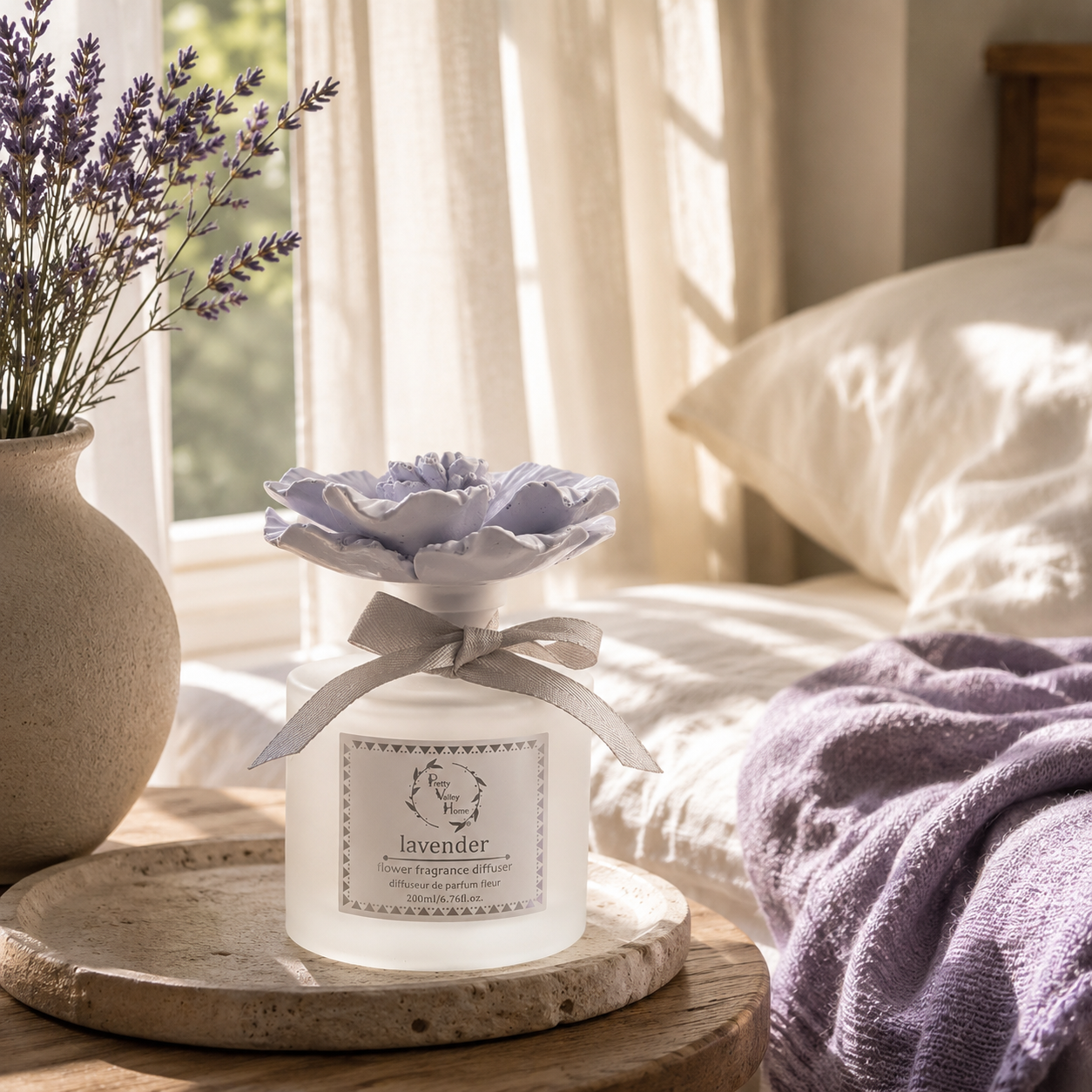 Pretty Valley Home Purple Ceramic Flower Diffuser Gift Set – Lavender Scent, 200ml Handmade Home Fragrance & Elegant Aromatherapy Gift