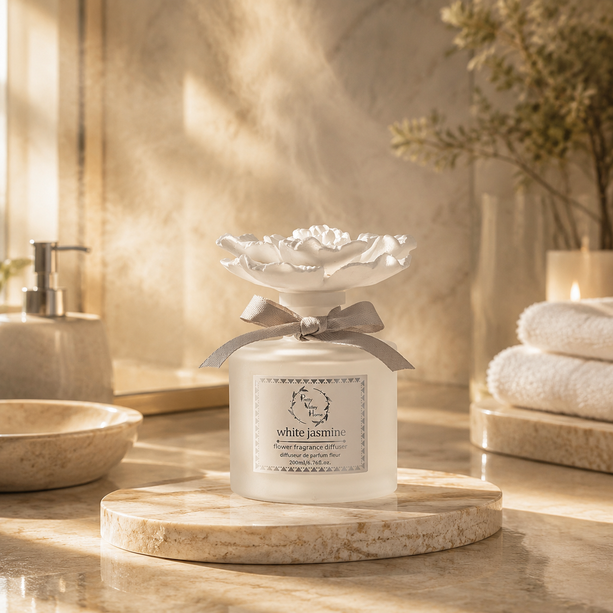 Pretty Valley Home White Marigold Ceramic Flower Diffuser Gift Set –White Jasmine Scent,  200ml Handcrafted Home Fragrance with Elegant White Porcelain Bloom