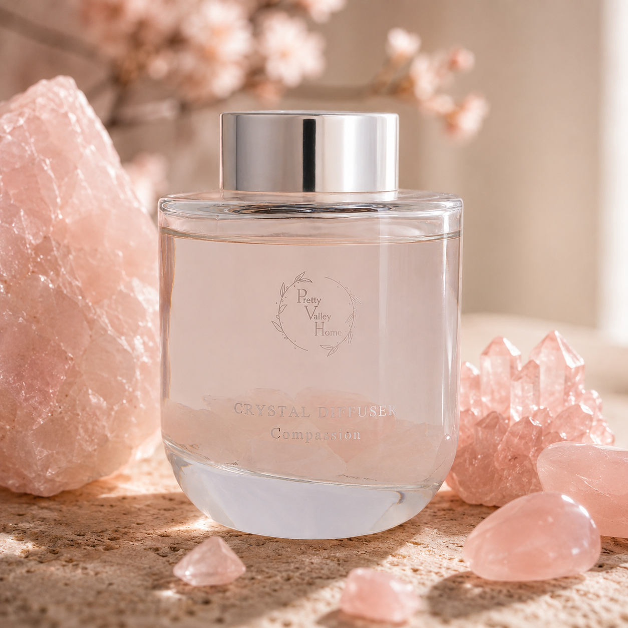 Pretty Valley Home Crystal Reed Diffuser with Rose Quartz – Compassion & Self-Love Home Fragrance, 100ml