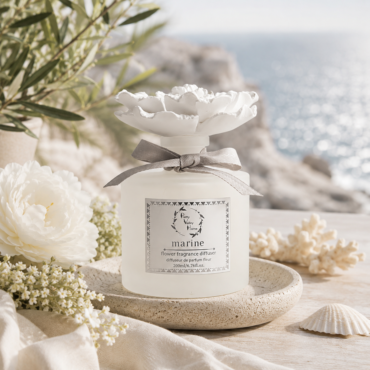Pretty Valley Home Marine White Ceramic Flower Diffuser Gift Set – 200ml Ocean Breeze Handcrafted Porcelain Bloom for Elegant Home Fragrance