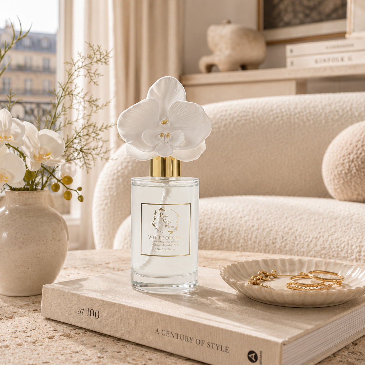 Pretty Valley Home White Orchid Ceramic Flower Reed Diffuser Gift Set – 200ml Handmade Home Fragrance, Elegant Ceramic Art & Perfect Gift for Her