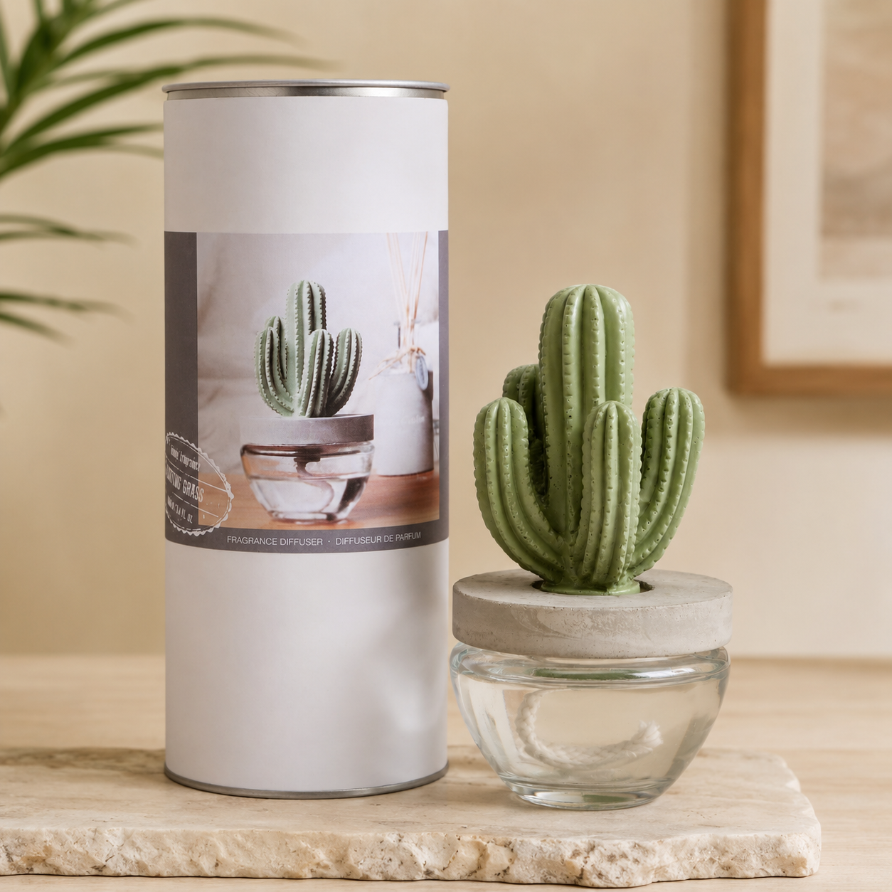 Pretty Valley Home Reed Diffuser Set Ceramic Cactus Fragrance Diffuser- 3.38 fl oz (100 ml), Home Fragrance Reed Diffuser for Bathroom Office Living Room Dining Table Decor-CUTTING GRASS