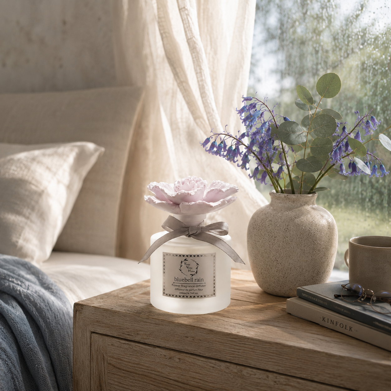 Pretty Valley Home Pink Ceramic Flower Diffuser Gift Set – Bluebell Rain Scent, 200ml Handmade Reed Diffuser for Home Décor & Perfect Gift