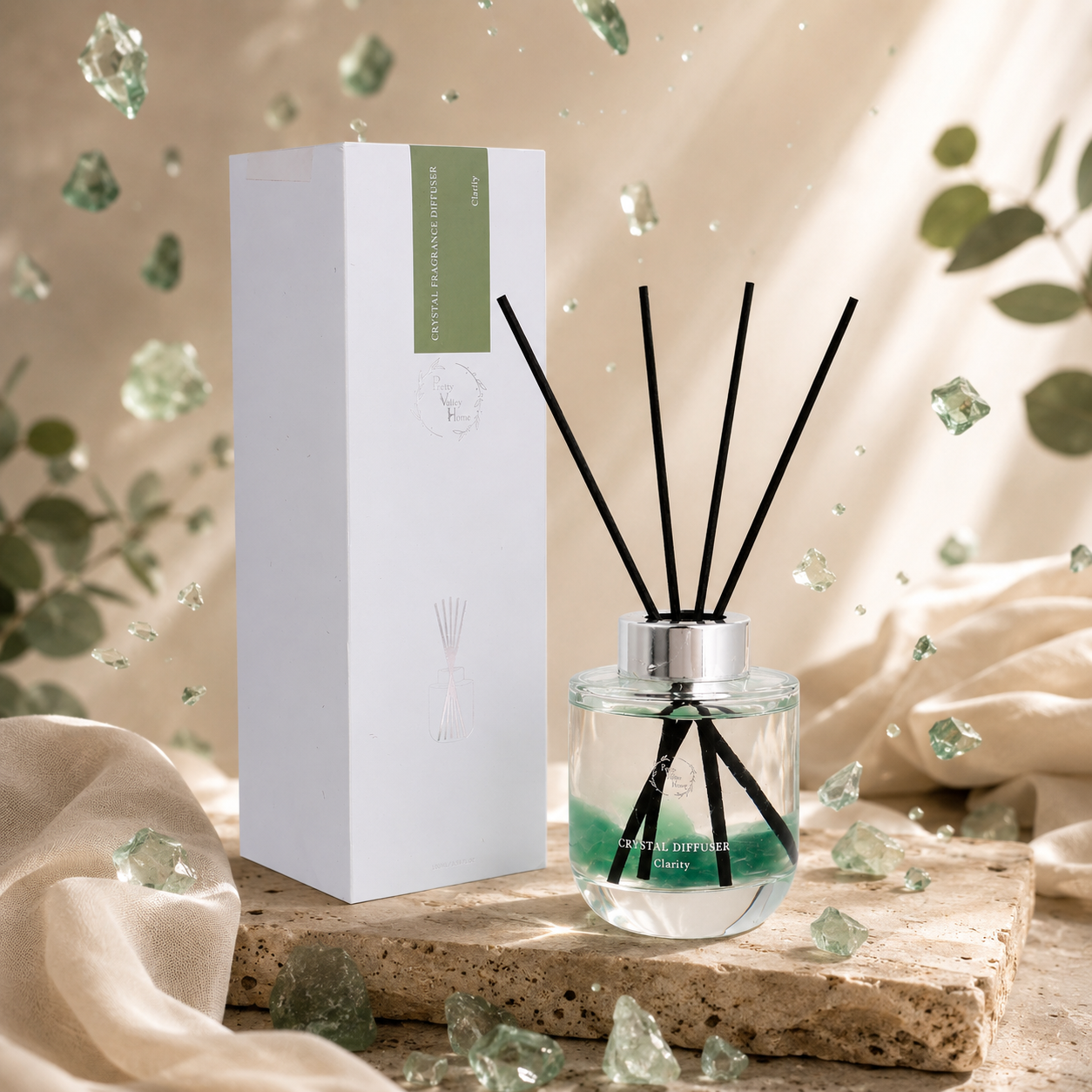 Pretty Valley Home Crystal Reed Diffuser - Clarity Green Fluorite