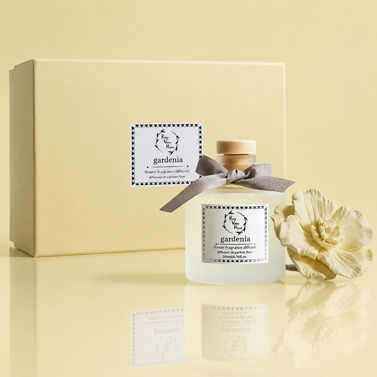 Pretty Valley Home Yellow Ceramic Flower Diffuser Gift Set – Gardenia Scent, 200ml Handmade Reed Diffuser & Elegant Floral Gift for Her