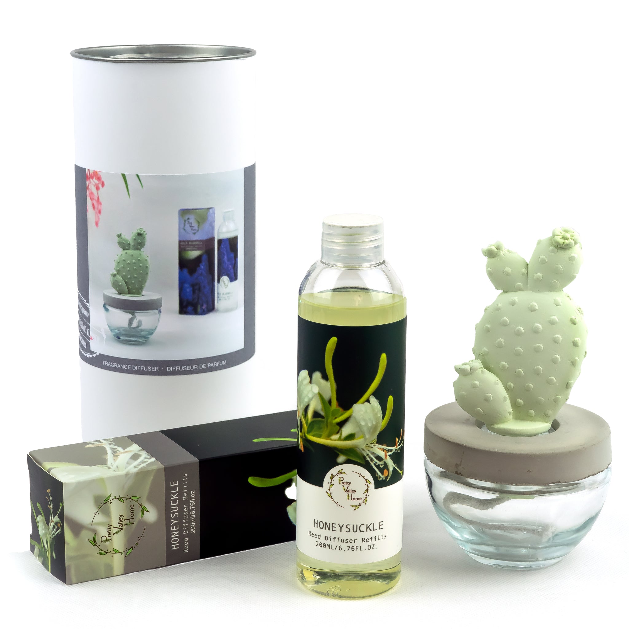 Bunny Ear Cactus Ceramic Flower Fragrance Diffuser Combo Honeysuckle 200ml DFC-BNY-9134