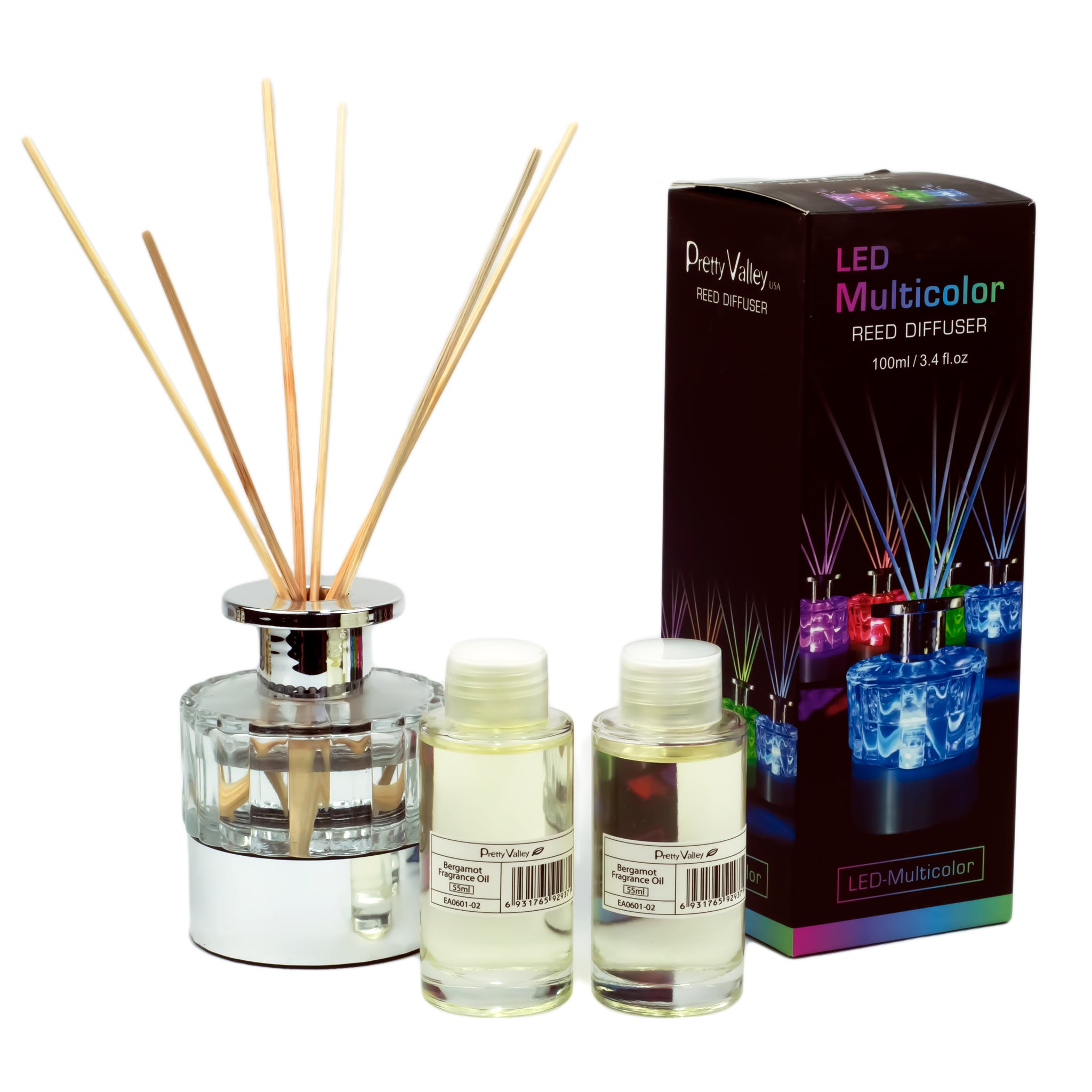 LED Lighted Clear Round Glass Reed Fragrance Diffuser Bergamot 110ml PV9000L