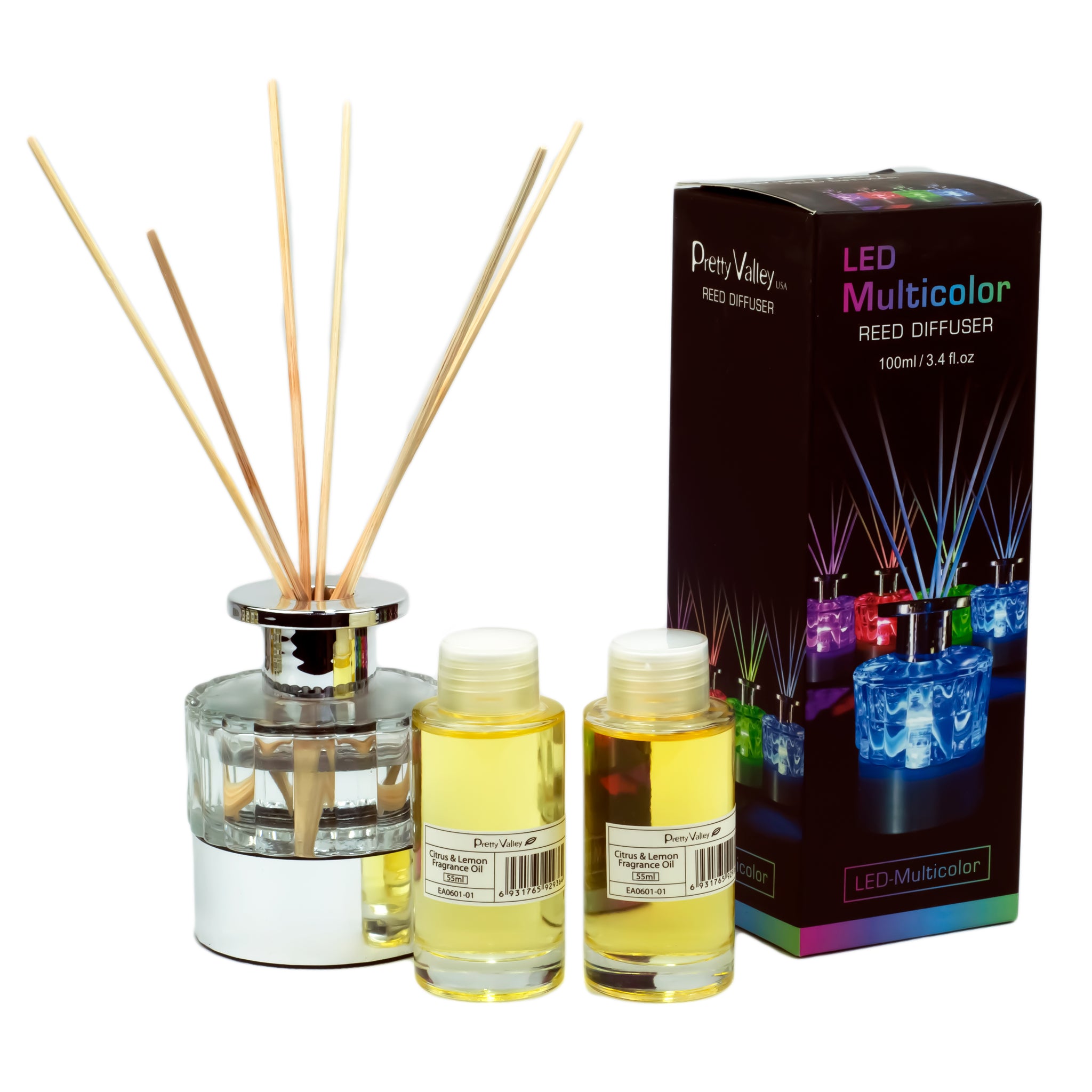 LED Lighted Clear Round Glass Reed Fragrance Diffuser Citrus & Lemon 110ml PV9000L