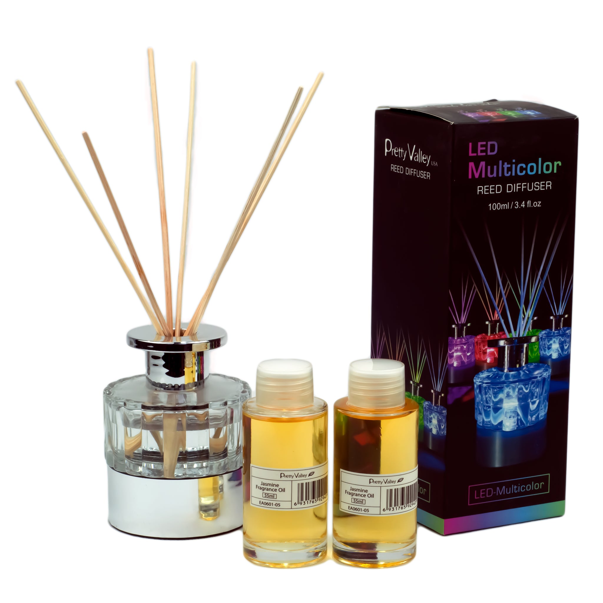 LED Lighted Clear Round Glass Reed Fragrance Diffuser Jasmine 110ml PV9000L