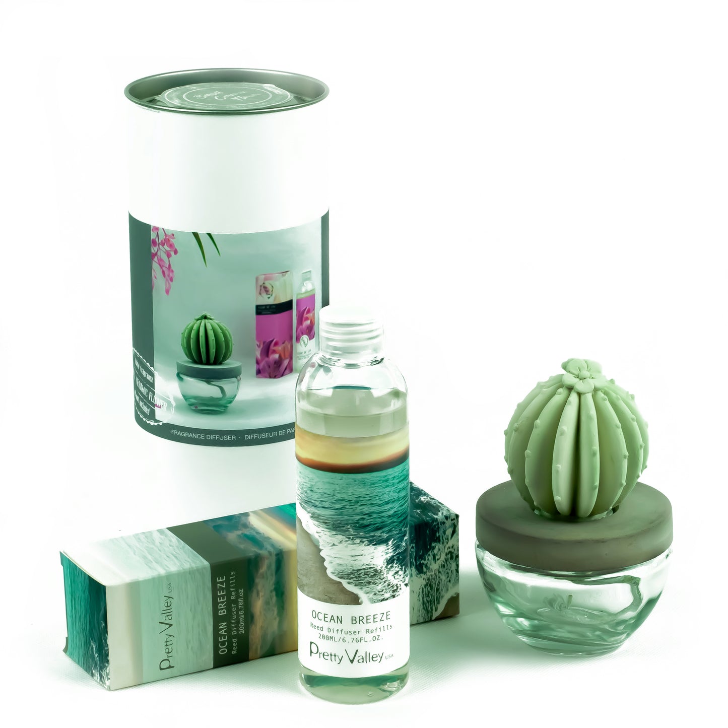 Pretty Valley Home Barrel Cactus Ceramic Flower Fragrance Diffuser Combo Ocean Breeze 200ml