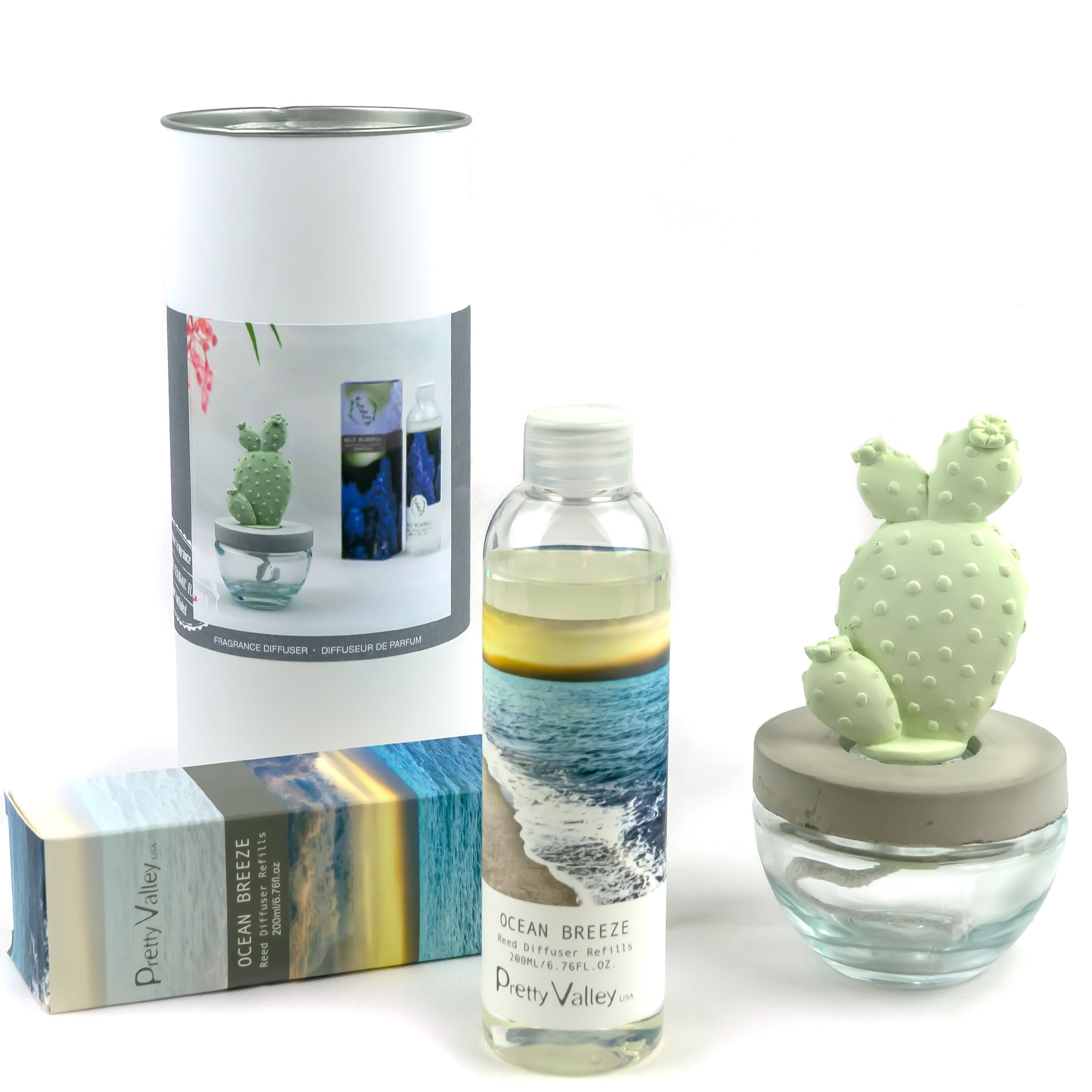 Bunny Ear Cactus Ceramic Flower Fragrance Diffuser Combo Ocean Breeze 200ml DFC-BNY-9134