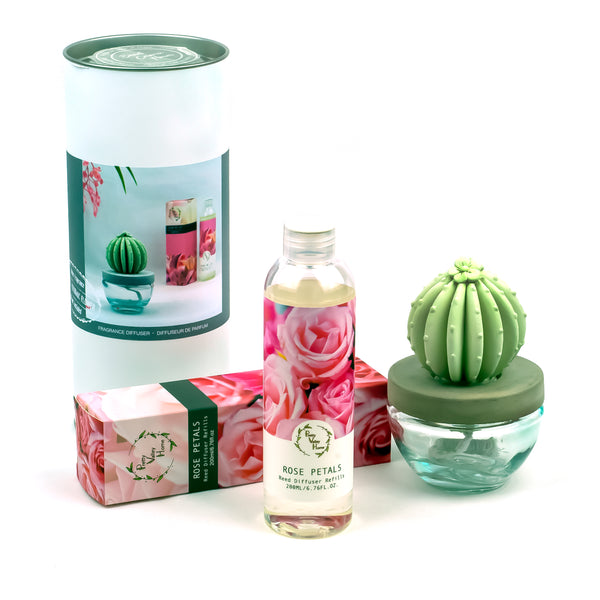 Barrel Cactus Ceramic Flower Fragrance Diffuser Combo Rose Petals 200ml DFC-BRL-9134