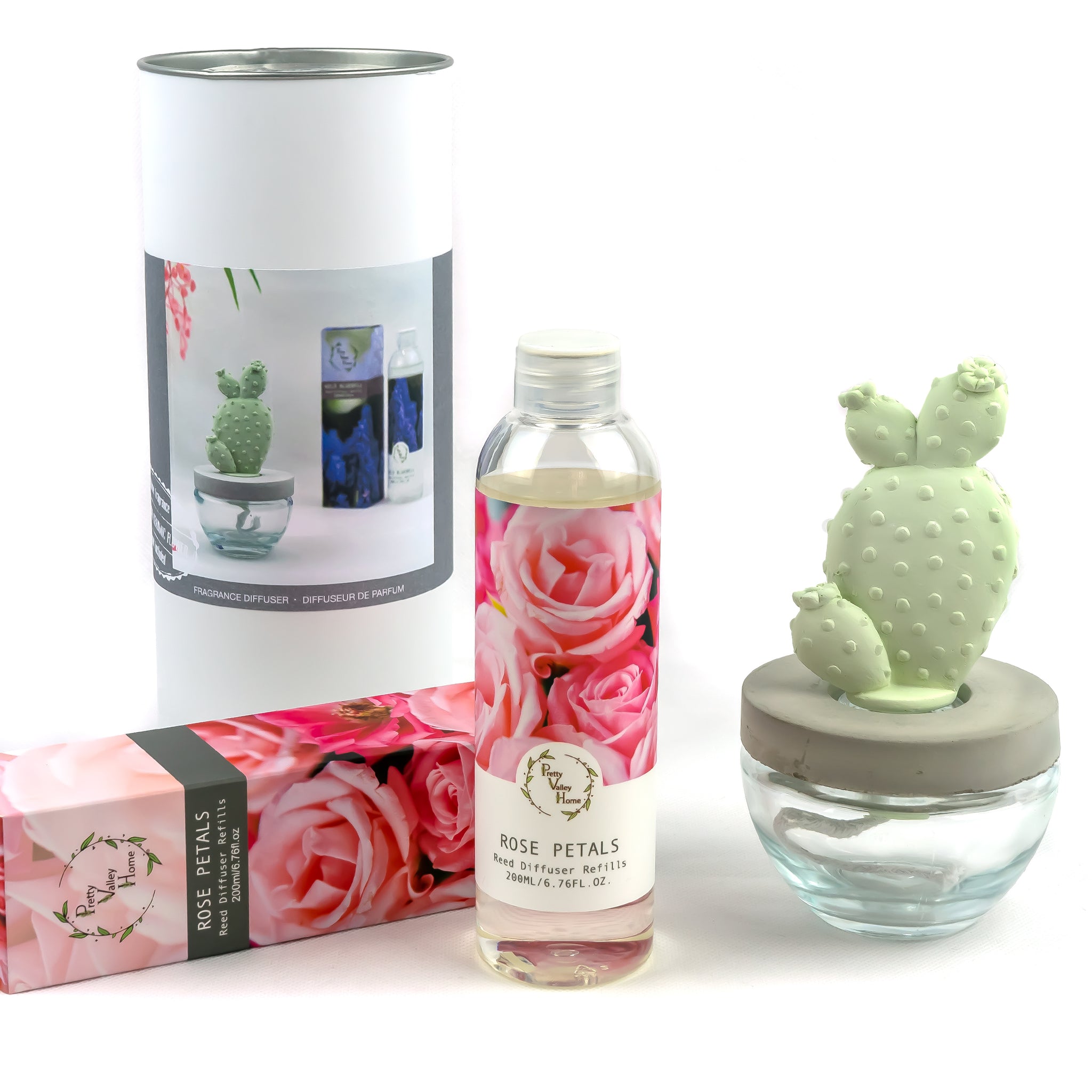 Bunny Ear Cactus Ceramic Flower Fragrance Diffuser Combo Rose Petals 200ml DFC-BNY-9134