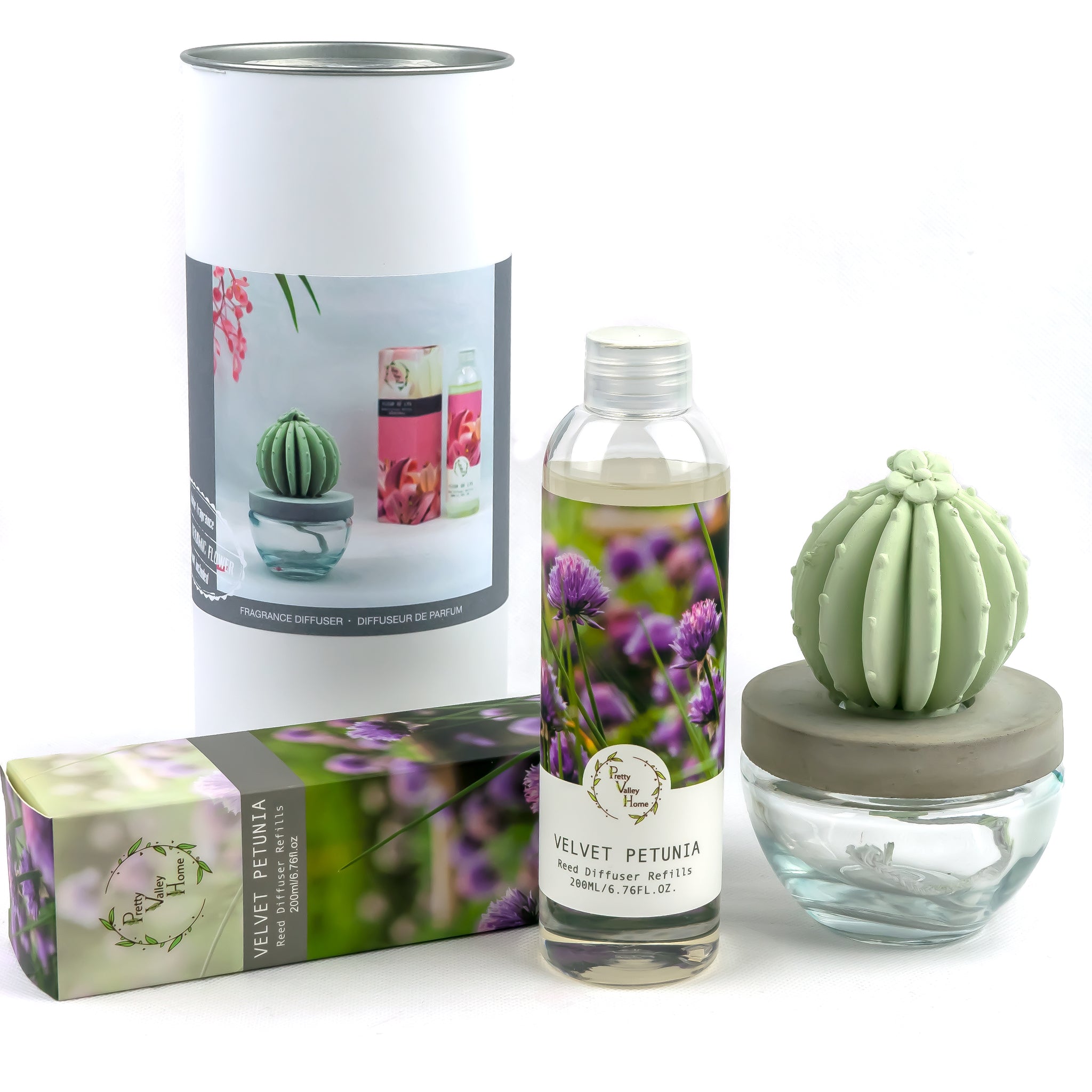 Barrel Cactus Ceramic Flower Fragrance Diffuser Combo Velvet Petunia 200ml DFC-BRL-9134